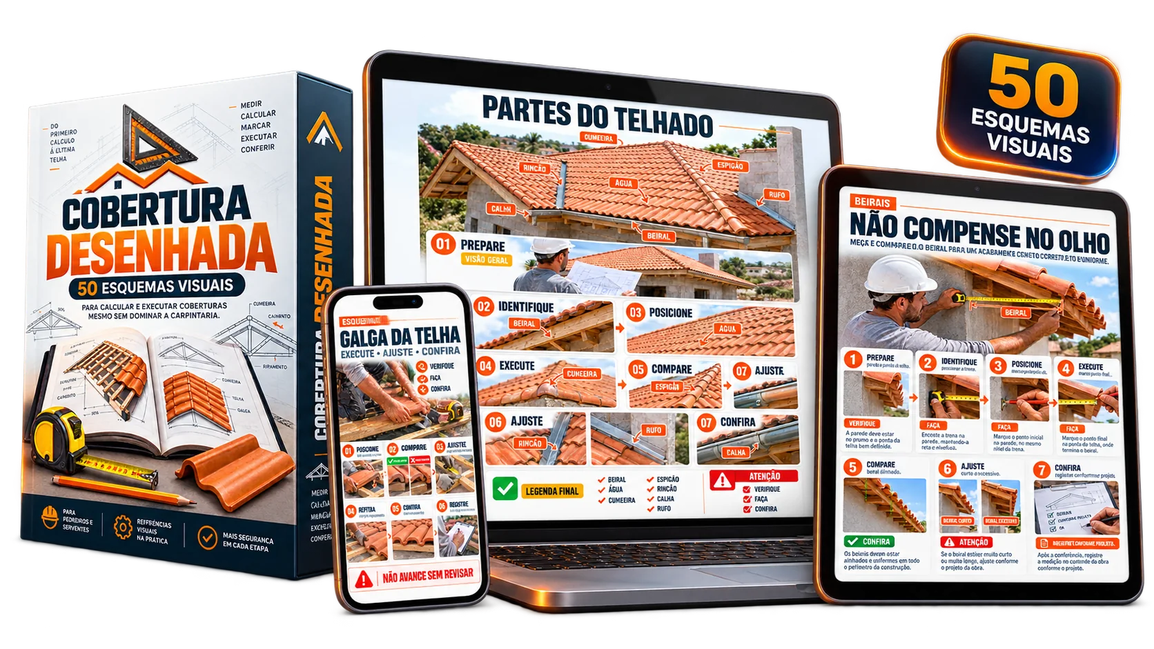 Mockup 3D do Cobertura Desenhada com livro, notebook, tablet e smartphone exibindo os esquemas visuais